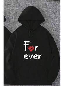 1PCS Sudadera con Estampado de Pareja con Bolsillo Canguro y Cordón - Negro 1 - Ver 1