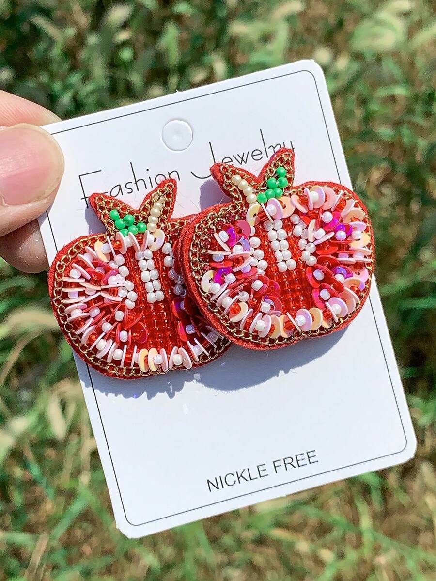 1 Pair Apple Shape Rice Bead Pearl Earrings - Hand-Designed And Stitched 'Rice Bead Pearl + Sequin + Chain' Apple Shape Earrings, Personalized Fashion Women's Fashion Jewelry - Multicolor - View 1