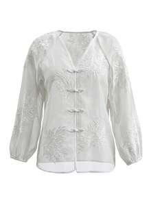 ii Chic New Chinese Style Embroidered Long Sleeve Casual Loose Blouse For Women White Spring - White - View 6