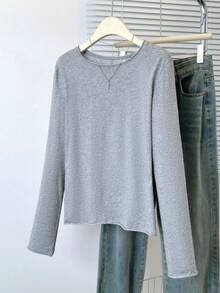 宽松卷边长袖T恤，轻薄面料，修身版型，春季叠穿上衣 - 灰色 - 查看 8