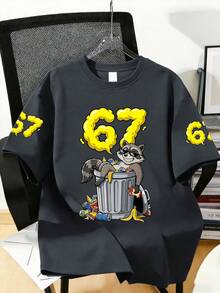 1pc Boys' Graphic Tee With Doodle Cloud, Number 67 And Lazy Raccoon Print, Soft Fabric, Suitable For School, Daily Wear And Outings In Spring And Summer - Dark Grey - View 1