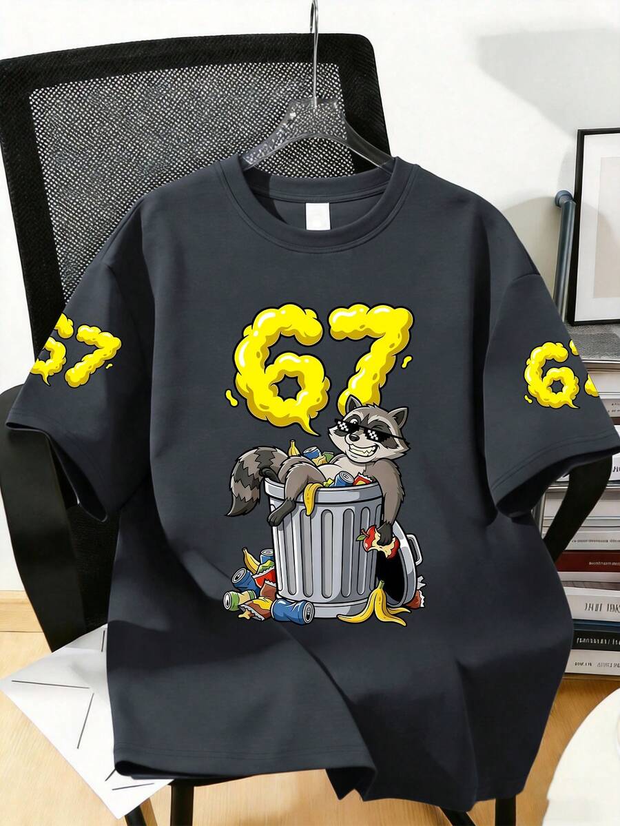 1pc Boys' Graphic Tee With Doodle Cloud, Number 67 And Lazy Raccoon Print, Soft Fabric, Suitable For School, Daily Wear And Outings In Spring And Summer - Dark Grey - View 1