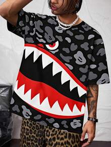 男士街头风宽松鲨鱼嘴迷彩印花短袖T恤 - 白色 - 查看 1