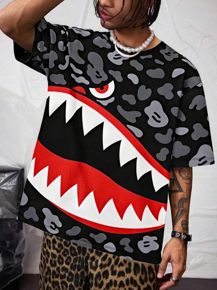 男士街头风宽松鲨鱼嘴迷彩印花短袖T恤 - 白色 - 查看 1