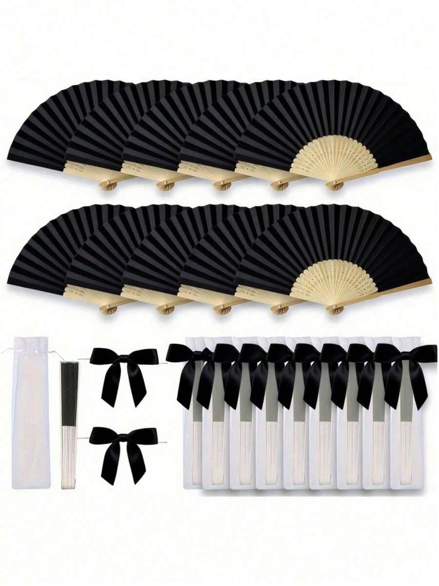 3/15/30件套黑色纸折扇，竹柄折叠扇，优雅女士便携式手扇，夏季黑色婚礼小礼盒套装，含黑色领结和透明收纳袋，适合新娘送礼会、生日派对、伴娘拍照道具、婚礼装饰、情人节礼物和活动派对用品。
