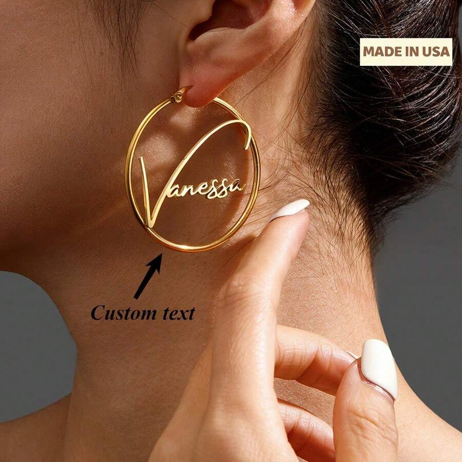 (Customized Information Can Only Be In English Letters; Other Languages Will Be Translated Into English) Fashion Customized Name Earrings, 1 Pair Of 30mm Customized Nameplate Earrings, Women's Punk Letter Ring Earrings; Personalized Stainless Steel Ear Accessories, Ladies' Elegant Party Ear Jewelry Accessories, Gifts For Girlfriends, And Jewelry For Mothers - Nhiều màu - Xem 1