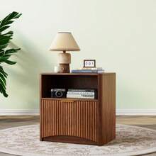 Slotted Bedside Table With Open Drawer And Gold Handles, Space-Saving, Suitable For Bedrooms And Living Rooms, Walnut Look. - Walnut - View 3