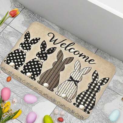 Mata powitalna z Zajączkiem Wielkanocnym – chłonna mata łazienkowa z materiału przypominającego len, dekoracja dywanu, mata antypoślizgowa, superchłonna, nadająca się do prania w pralce, wiosenna dekoracja domu, krótkie włosie, wycieraczka do przedpokoju, do użytku wewnątrz i na zewnątrz – odpowiednia do salonu, sypialni, kuchni, biura – wielofunkcyjny dywan dekoracyjny, uroczy dywan na Walentynki, Wielkanoc