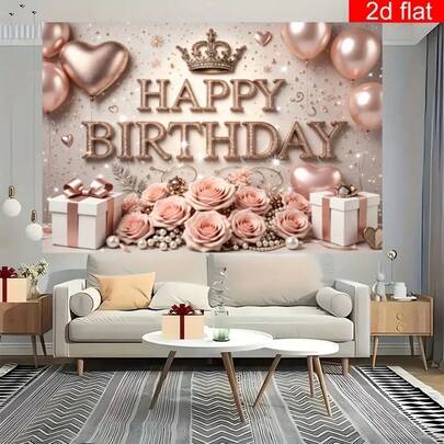 1件玫瑰金奢华生日背景布，采用柔和的玫瑰金配色，饰以闪亮皇冠、浪漫花簇和优雅礼盒。2D涤纶材质，适用于成人派对、求婚装饰、奢华主题派对、节日庆典等。
