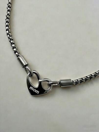 1pc Stainless Steel Heart Shaped Engraved "Mom" Pendant Necklace, Unisex Choker Necklace, Suitable As Gift For Yourself
