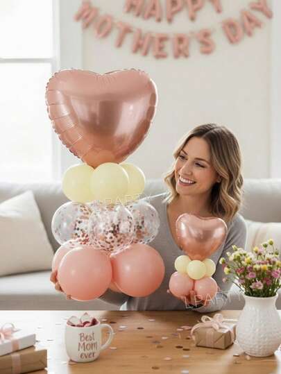 22pcs/Set Mother's Day Party Decorations Balloons, Suitable For Tabletop Center Decor, 18" & 10" Rose Gold Heart Shaped Foil Balloons, 10" Pink & Macaron Yellow Balloons, Surprise Decoration Props For Mom