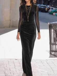 长款橄榄绿丝绒正式礼服，优雅女士派对礼服，黑色春季款 - 黑色 - 查看 10