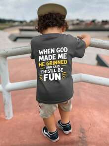 男童休闲印花圆领短袖T恤，夏季上衣 - 深灰色 - 查看 5