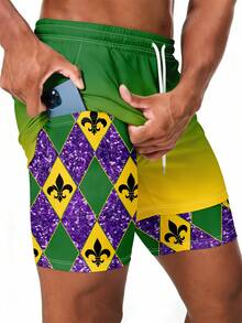 Men's Geometric Gradient Pocket Double-Layer Beach Shorts - Multicolor - View 2