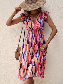 SUNSTORY 女士优雅性感度假风几何图案荷叶边袖V领系腰A字连衣裙，适合休闲、音乐节、婚礼、派对、度假、办公室、居家、日常穿着 - 彩色 - 查看 4