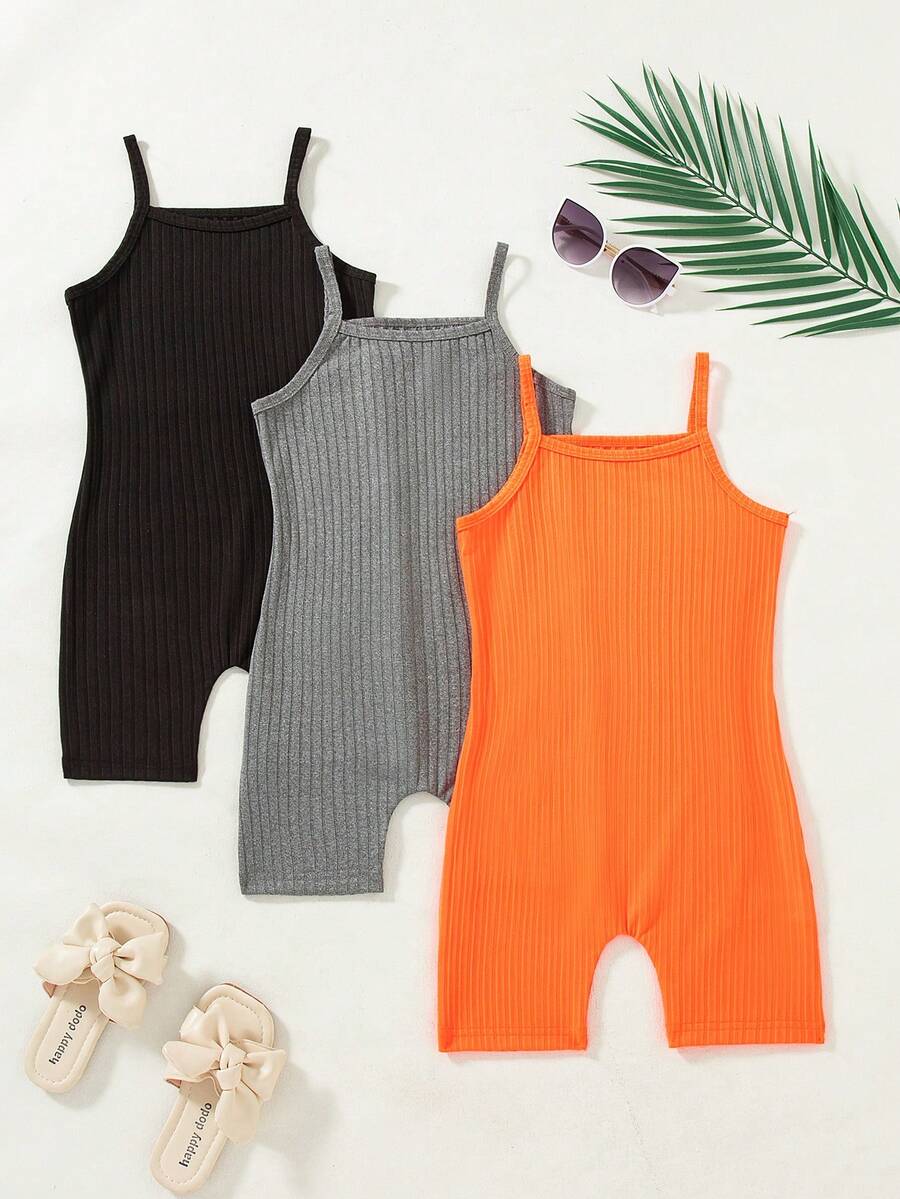 3pcs/Set Young Girls Slim Fit Casual Solid Color Ribbed Camisole Jumpsuit - Orange - View 1