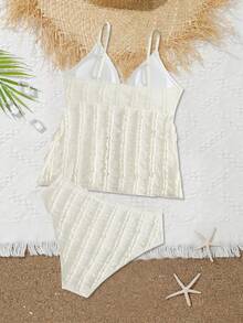少女比基尼套装，针织提花面料设计，细肩带，时尚欧美优雅泳装套装 - 白色 - 查看 2