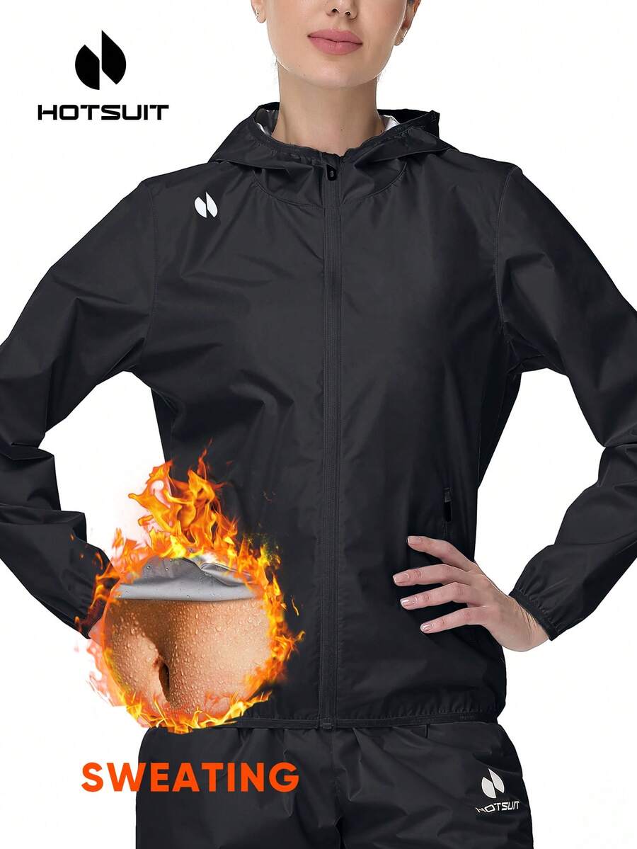 HOTSUIT 女士桑拿夹克卫衣，带拉链，适合健身训练，情人节好礼 - 黑色 - 查看 1