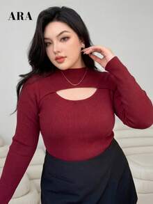 ARA CHIC Women's Plus Size Fall Winter Burgundy Mock Neck Sweater, Heart Cutout Front Long Sleeve Ribbed Knit Top, Slim Fit Curvy Casual Party Top - Burgundy - View 11