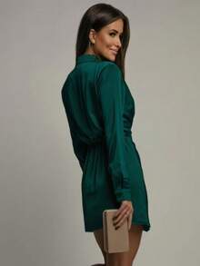 Elegant Long Sleeve Satin Mini Shirt Dress With Side Slit Spring - Dark Green - View 4