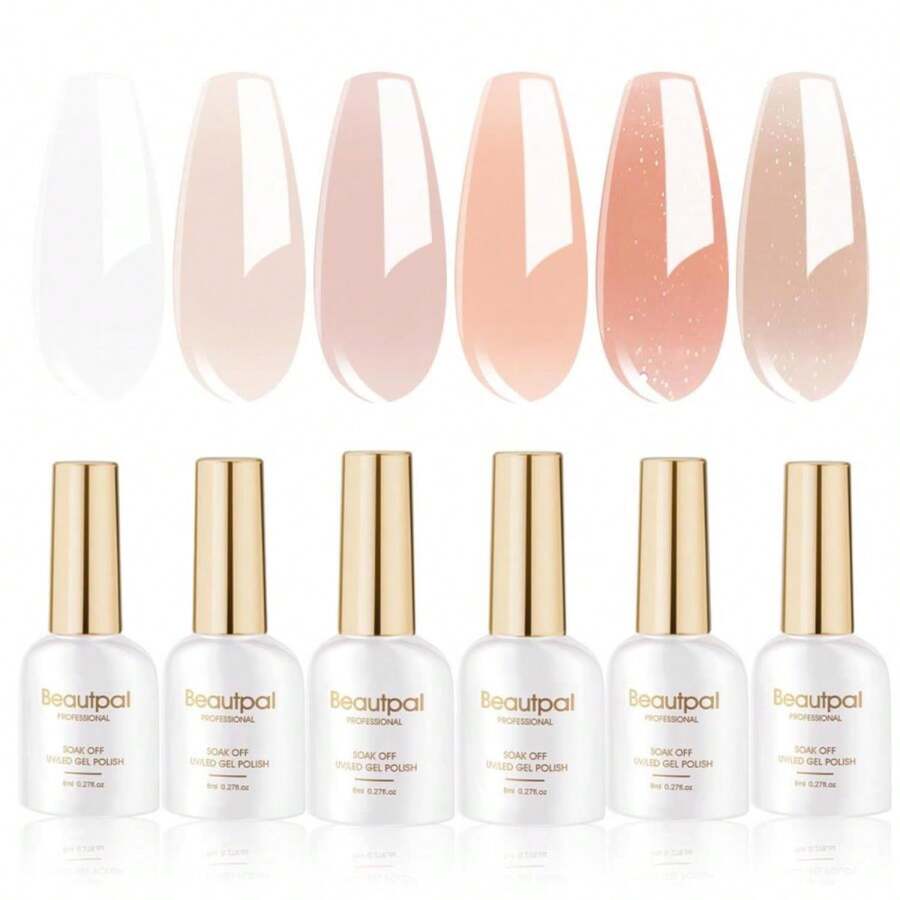 Larvall Beautpal Jelly Gel Polish Sheer Pink Crystal Transparent Milky White Nude Sheer Gel Nail Polish Kit For Salon Gel Manicure And Nail Art Collection Gift Set 8ML 6PCS - ColorF - 查看 1