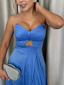 Women's Long Butterfly Dress, Strapless, Trilobal Fabric With Built-In Bra Cups | Party, Bridesmaid, Wedding, Graduation, Debutante | Adjustable Back, Sexy, Elegant, Party, Cutout/Cut, Asymmetrical Knot, Formal And Evening - 寧靜藍 - 查看 4