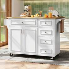 White Vintage Pattern Kitchen Island (110*45-75*92cm) - Removable Serving & Dining Trolley, Multifunctional Buffet Cabinet With Storage, All-In-One For Kitchen & Dining Room - White - View 3