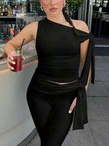 Women's Solid Color Asymmetric Shoulder Sleeveless Tie Top And Bottom Casual 2-Piece Set Black Summer - 咖啡 - 查看 7