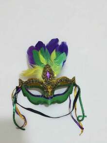 1pc Women's Masquerade Mask With Artificial Feathers, Suitable For Various Party Costumes And Accessories - Green - View 6