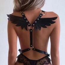 哥特式天使翅膀束身衣，可调节人造皮革身体束身衣，适合万圣节、夜店、锐舞派对服装 - 翅膀 - 查看 16