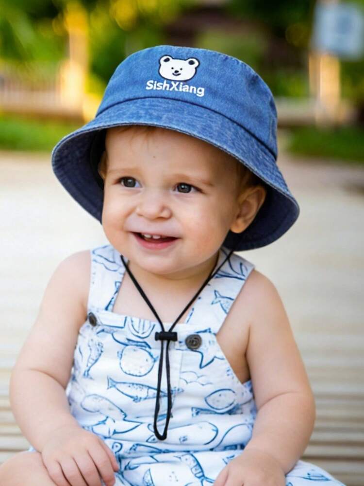 1 pieza Sombrero de cubo de mezclilla con bordado de oso para bebé en verano, ligero, adorable y con estilo vintage, con correa de ajustable, adecuado para niños pequeños de 2 a 3 años para uso en exteriores, viajes y juegos, protección solar - Multicolor - Añade 8