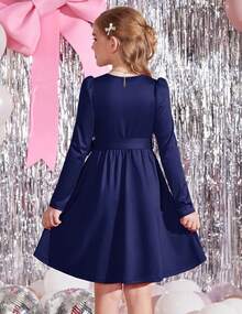 Vestido de manga abullonada con cinturón y bolsillos - Vestido formal de manga larga para adolescentes para fiestas de otoño e invierno - Azul Marino - Ver 3