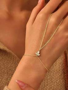 New Valentine's Day Gift: Minimalist Heart Bracelet, Elegant Floral & Leaf Finger-Linking Hand Jewelry - Gold - View 1