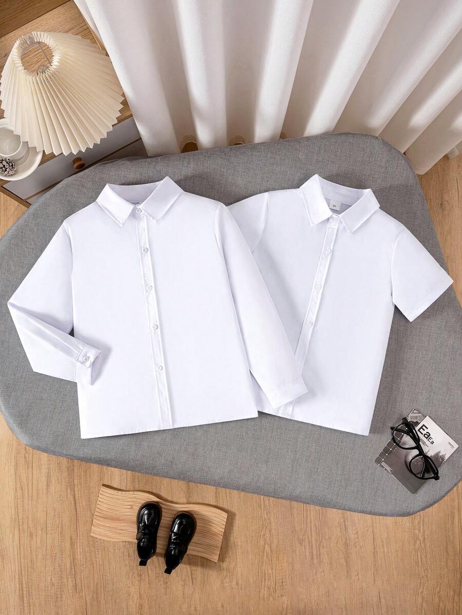 2 bucăți de tricou elegant pentru băieți pre-adolescenți, stil școlar clasic, petrecere casual pentru întoarcerea la școală: tricou cu mânecă scurtă și cămașă albă formală cu mânecă lungă - alb - Vizualizare 1