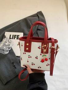 新款樱桃手提包，时尚女士单肩包，大容量可爱通勤手提水桶包，百搭 - 紅色 - 查看 6