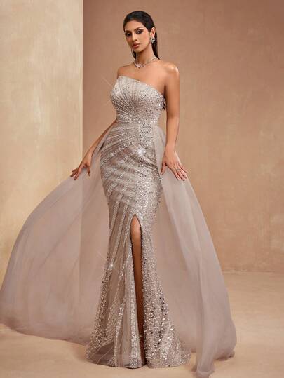 AMILUCK 新款优雅高端奢华亮片蕾丝鱼尾美人鱼礼服，饰以轻盈薄纱，是参加派对、婚礼、红毯活动等正式晚宴的理想之选。