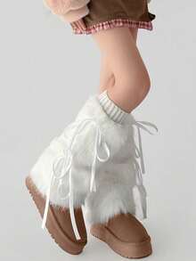 Cute Fluffy Leg Warmers - Y2K White Fluffy Leg Warmers With Satin Bow, Soft Knitted Cuffs, Warm For Winter, Suitable For Daily Wear, Cosplay Parties, And Street Fashion - Multicolor - View 2