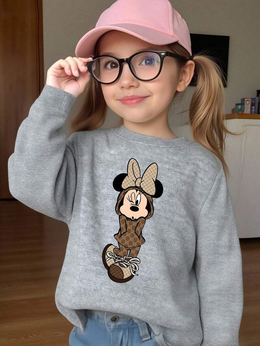 1pc Disney Minnie Mouse Chic Monogrammed Bow Design Tween Girl Classic Preppy Sweatshirt - Versatile & Easy To Care, Perfect For Family Outings & After-School Activities - 灰色 - 查看 1