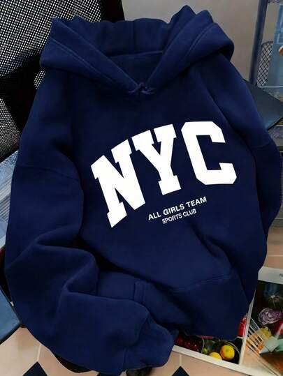 Mujer003 Sudadera de mujer  invierno sudadera de manga larga cómoda suave Sudadera gris con el logotipo "NYC" y "ALL GIRLS TEAM SPORTS CLUB", perfecta para el deporte y el estilo casual