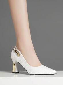 女士时尚搭扣装饰纯色舒适百搭高跟鞋，适合所有季节，母亲节礼物 - 白色 - 查看 4