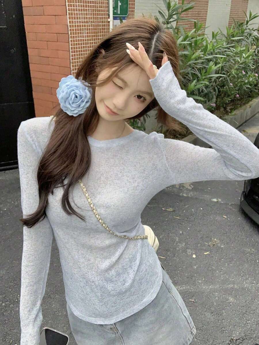 女士夏季休闲宽松长袖圆领防晒T恤 - 淺藍色 - 查看 1