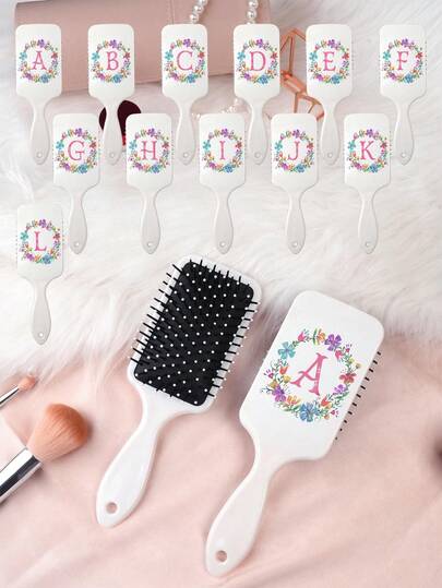 1pc English Countryside Style Letter Series Air Cushion Comb, Featuring Delicate Floral And English Letter Pattern Design, Made Of Durable PC+TPU Material, Smooth Combing For Hair Care And Styling, Suitable For Home And Salon Use