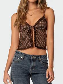 Women Tie Front Split Cami Tank Top Y2K Dots Print Lace Trim Spaghetti Strap V Neck Slim Fit Camisole Crop Tops Sexy Backless Sleeveless Low Cut Vests Shirts Summer Going Out Tops Streetwear - 棕色 - 查看 3
