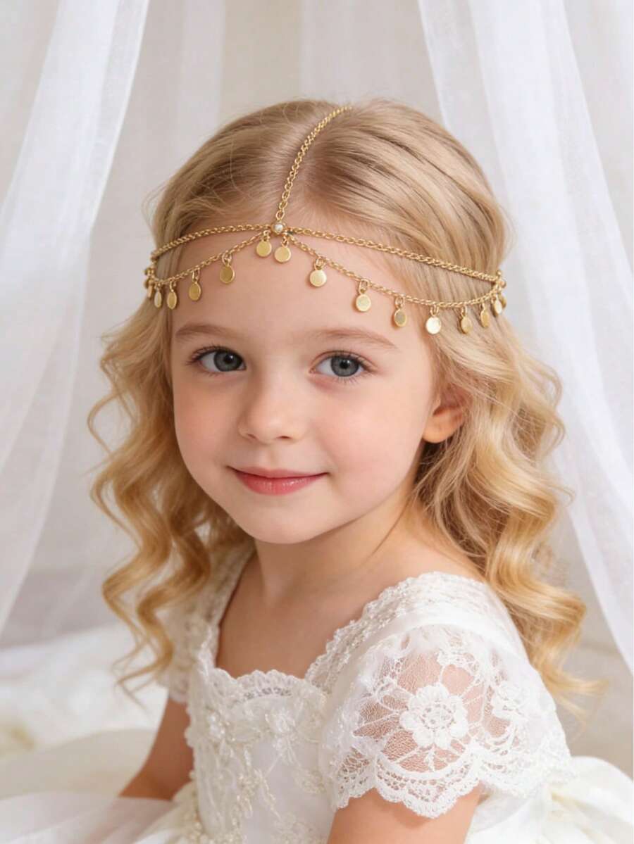 1件优雅复古亮片波浪发箍，带流苏 - 适合派对和节日，女孩金属发饰，随机圆形圆盘发链发饰，Y2K风格服装，婚礼（手工定制尺寸，水钻数量不定） - 彩色 - 查看 1