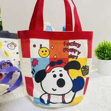 可爱涂鸦水桶包卡通手提袋，INS印花圆筒帆布午餐包，女孩手提午餐盒包 - A - 查看 2