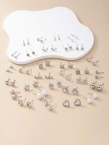 60pcs/Set Fashion Metal Butterfly, Heart, Rhinestone, Moon, Flower Stud Earrings Set, Holiday Gift For Women, Daily Wear - Silver - View 2