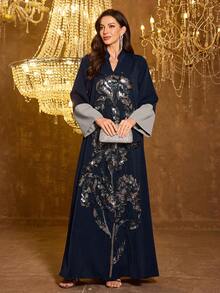 SUPGIR Women's Stand Collar Long Sleeve Embroidered Evening Dress - Navy Blue - View 3