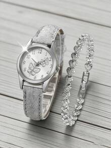 两件套。简约时尚的青春风蝴蝶形表盘石英表和水钻手链——返校礼物 - 彩色 - 查看 9