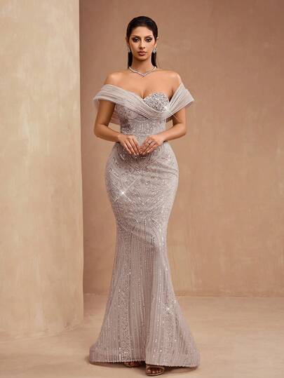 AMILUCK Nuevo vestido de noche formal elegante y de lujo de alta gama con parche de encaje con lentejuelas y cuentas, decoración 3D con cola de sirena hecha a mano con cuentas para bodas, fiestas, banquetes y ceremonias