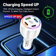 Fast Charging Cell Phones Car Charger 75W 4-In-1 Car Charger With 2 USB And 2 Type-C Ports, RGB Ambient Lighting, Compatible With IPhone 16 Pro/16/15 Pro/15 And S25/S24/S23, Ideal For Daily Commute, Long-Distance Driving And In-Car Charging Valentine's Day Gift - Multicolor 1 - View 3